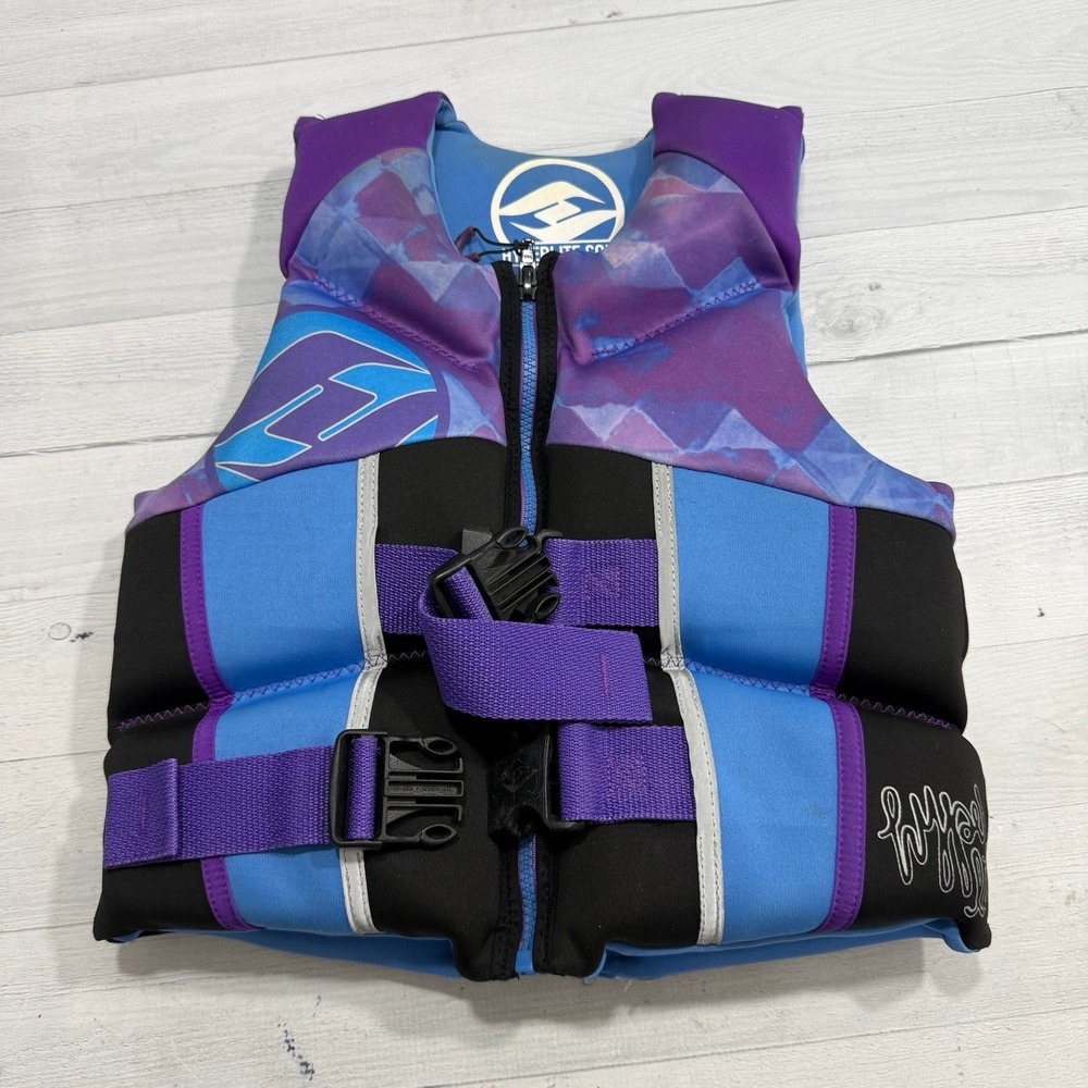 Hyperlite kids neoprene life vest blue and purple 50-90 pounds